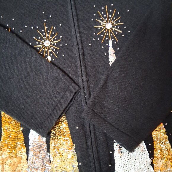 Berek Cardigan Sweater Women L Sequins Beaded Christmas Trees Pine Tree - Picture 6 of 12